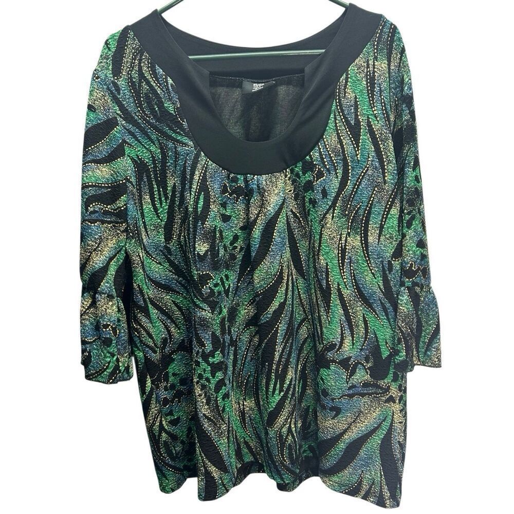 Studio 1940 Collection Metallic Green Abstract Blouse Plus Size 18/20 Bell Slv